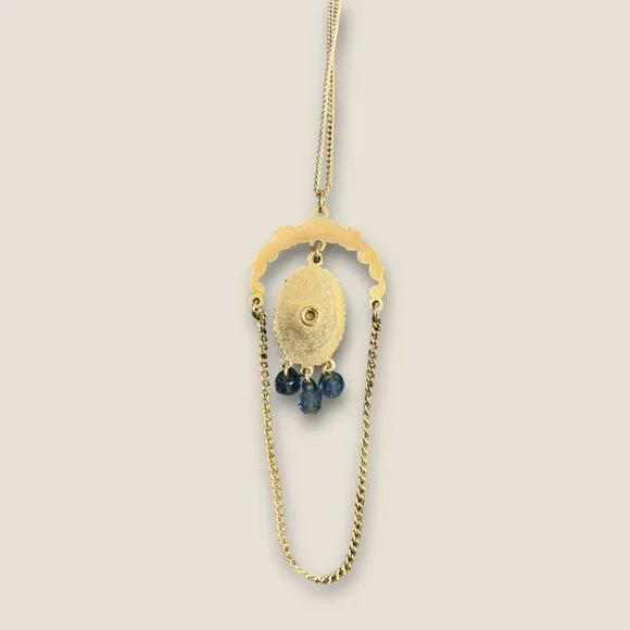 Vintage Gold Floral Porcelain Pendant Necklace With Blue Beads & Chain Accents - Picture 5 of 5